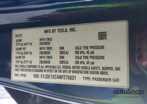 2022 Tesla Model 3 Performance Dual Motor All-Wheel Drive from USA, damaged, VIN 5YJ3E1EC4NF275631